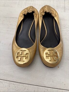 Tory Burch Metallic Gold Leather Logo Ballet Flats